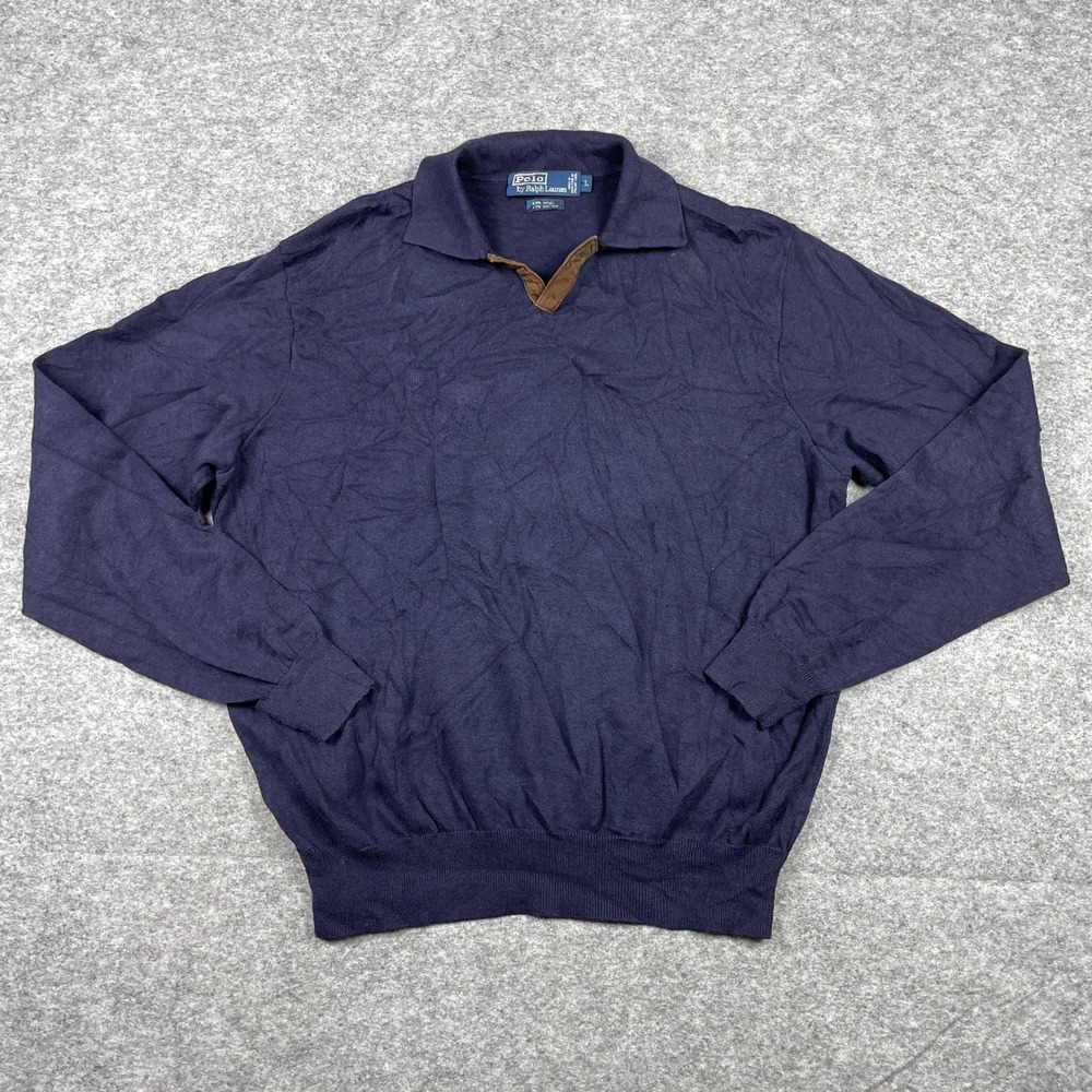 Polo Ralph Lauren Sweater Mens L Navy Blue Wool Cotton Johnny Collar Pullover